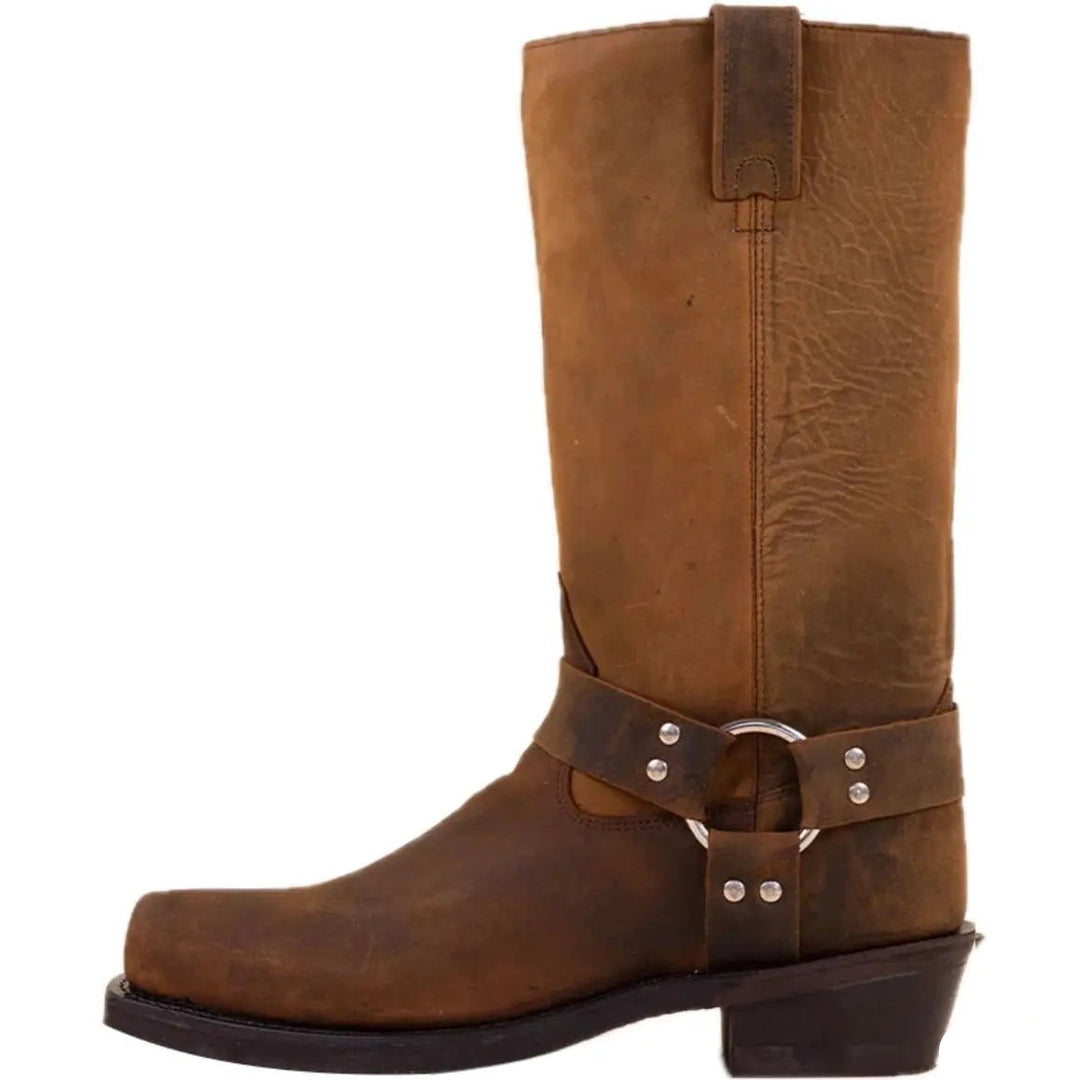 Brown leather cowboy boot.