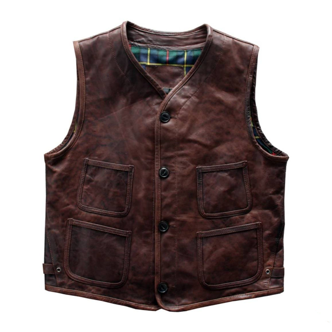 Brown leather vest with four pockets and a plaid lining.