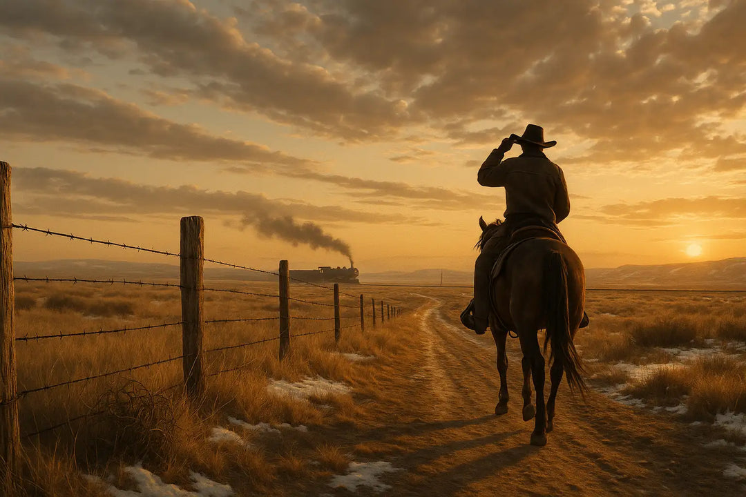 Lone cowboy on horseback along a barbed-wire fence at sunset, a distant steam train on the prairie — a farewell to the open range.
