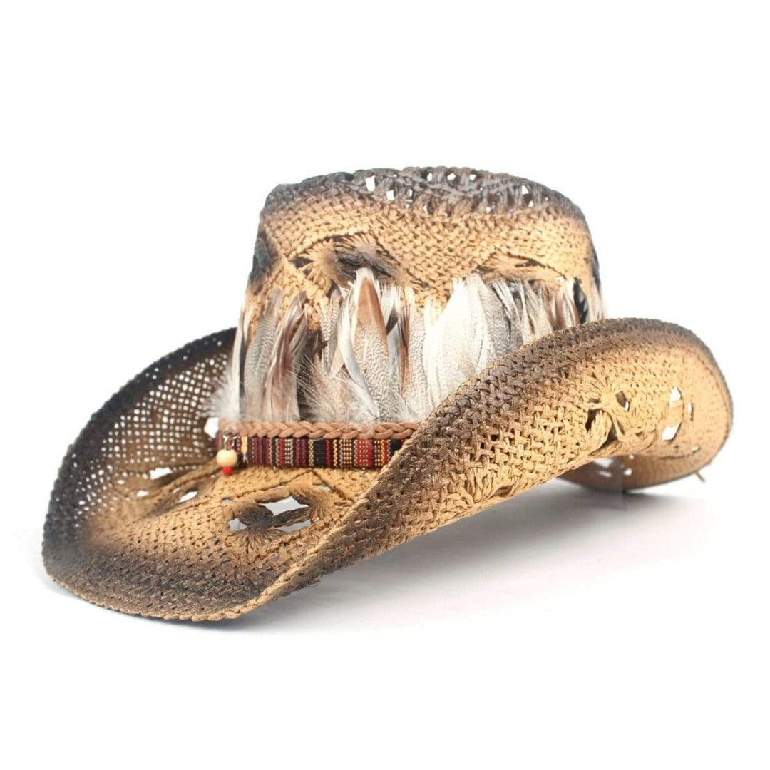A brown straw cowboy hat with feathers and a beaded band.