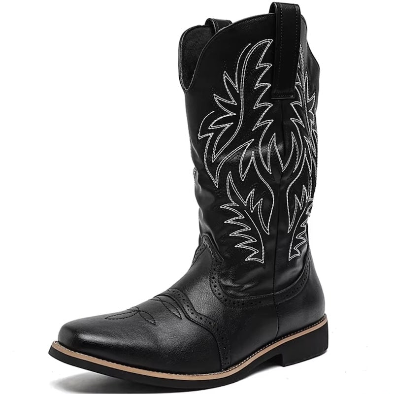 Black cowboy boot with white stitching.