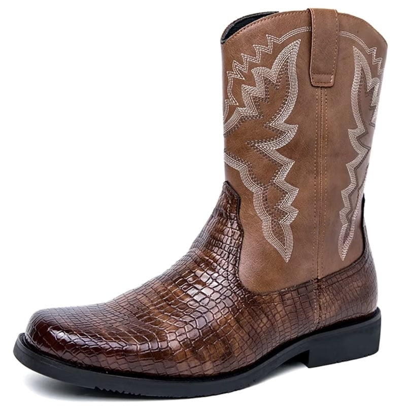 Brown leather cowboy boot.