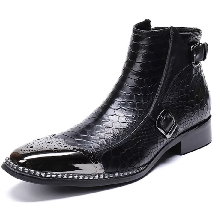 Black snakeskin pattern leather dress boot with patent leather toe and buckle strap.