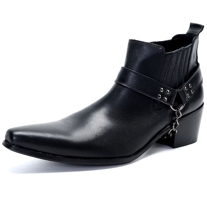 Black leather harness boot.