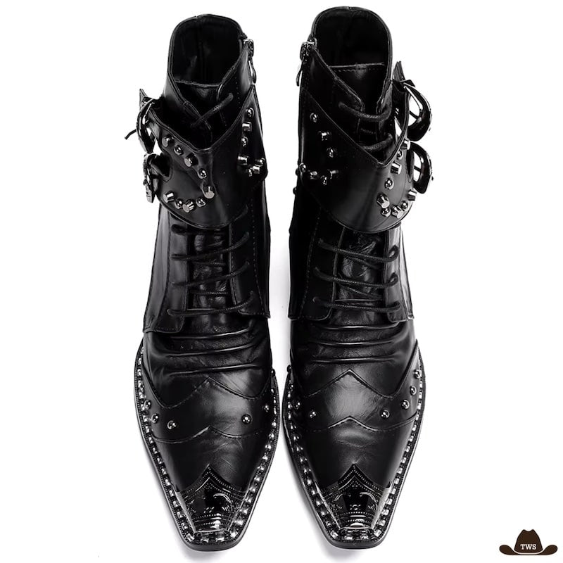 Pair of black leather studded steampunk boots.