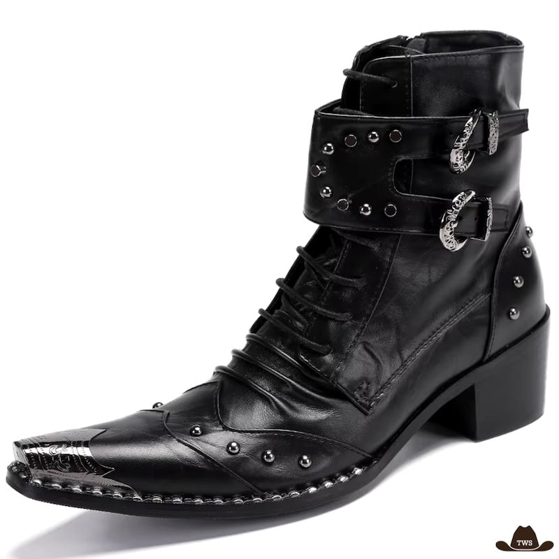 Black leather ankle boot with silver details.