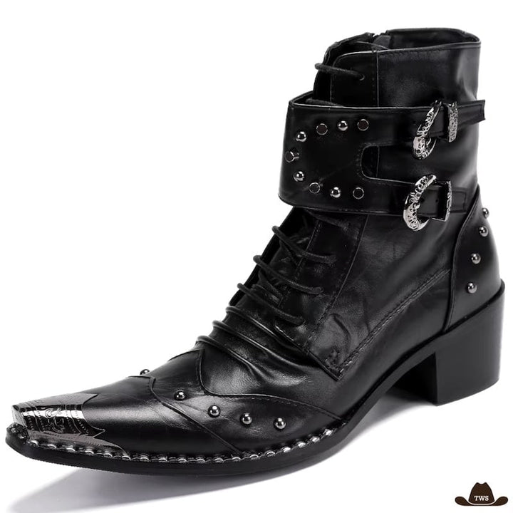 Black leather ankle boot with silver details.