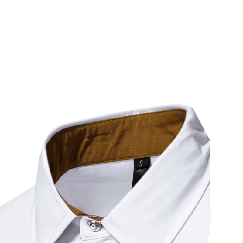 White shirt with brown collar.