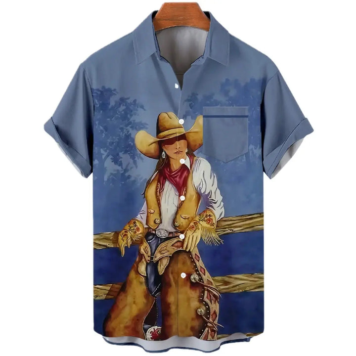 Men's blue shirt with a cowgirl print.