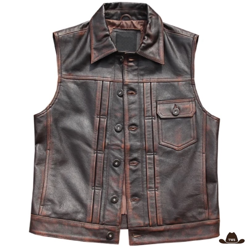 A brown, distressed leather vest with a collar and buttons.