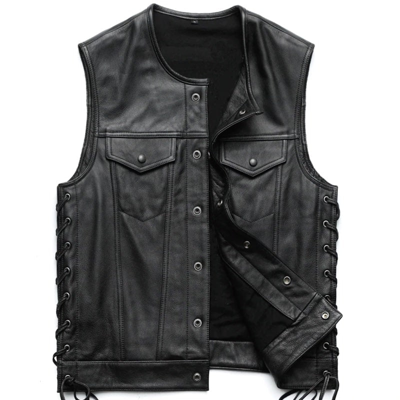 Black leather vest with side laces.
