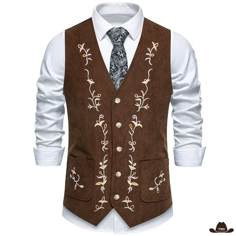 Brown embroidered vest over white shirt and paisley tie.