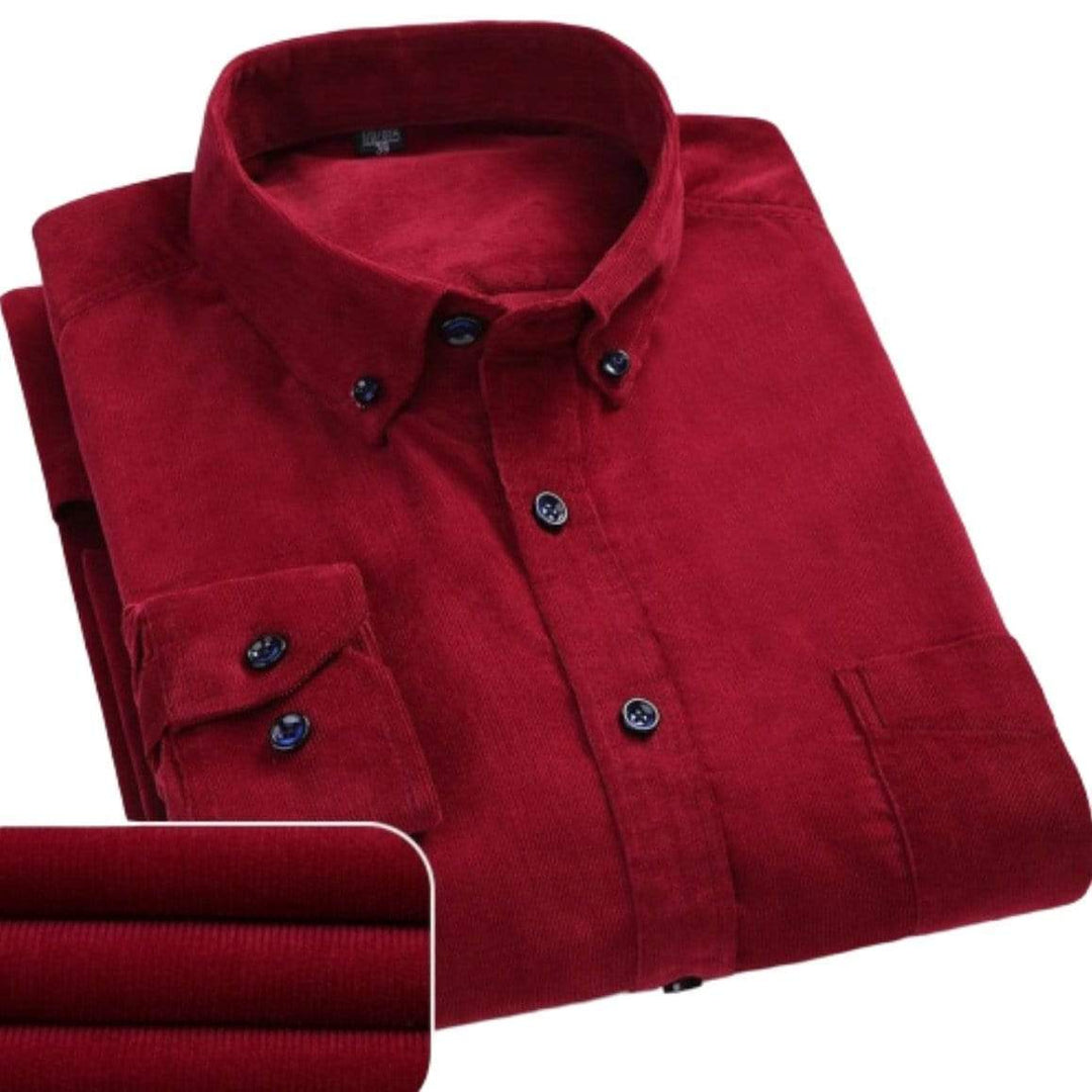 Red corduroy button-down shirt.