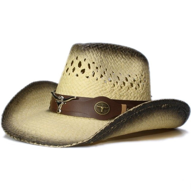 Straw cowboy hat with dark brown trim and leather band with bull-themed decoration.