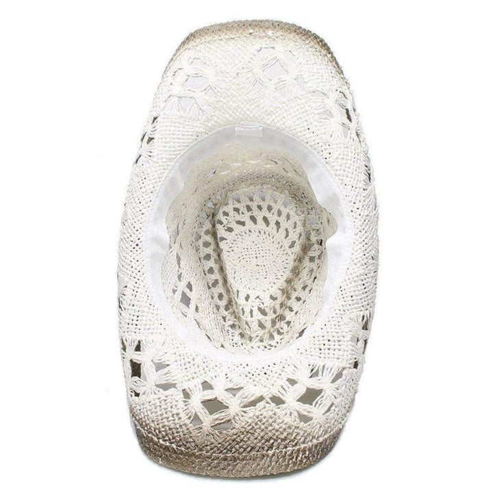 White crochet cowboy hat, interior view.