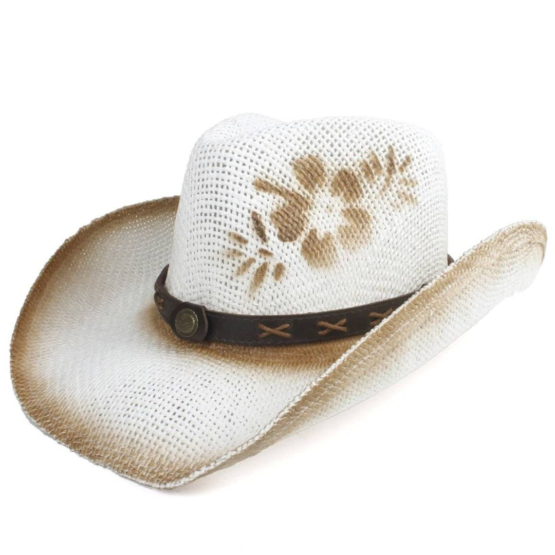 White straw cowboy hat with brown flower design and leather band.