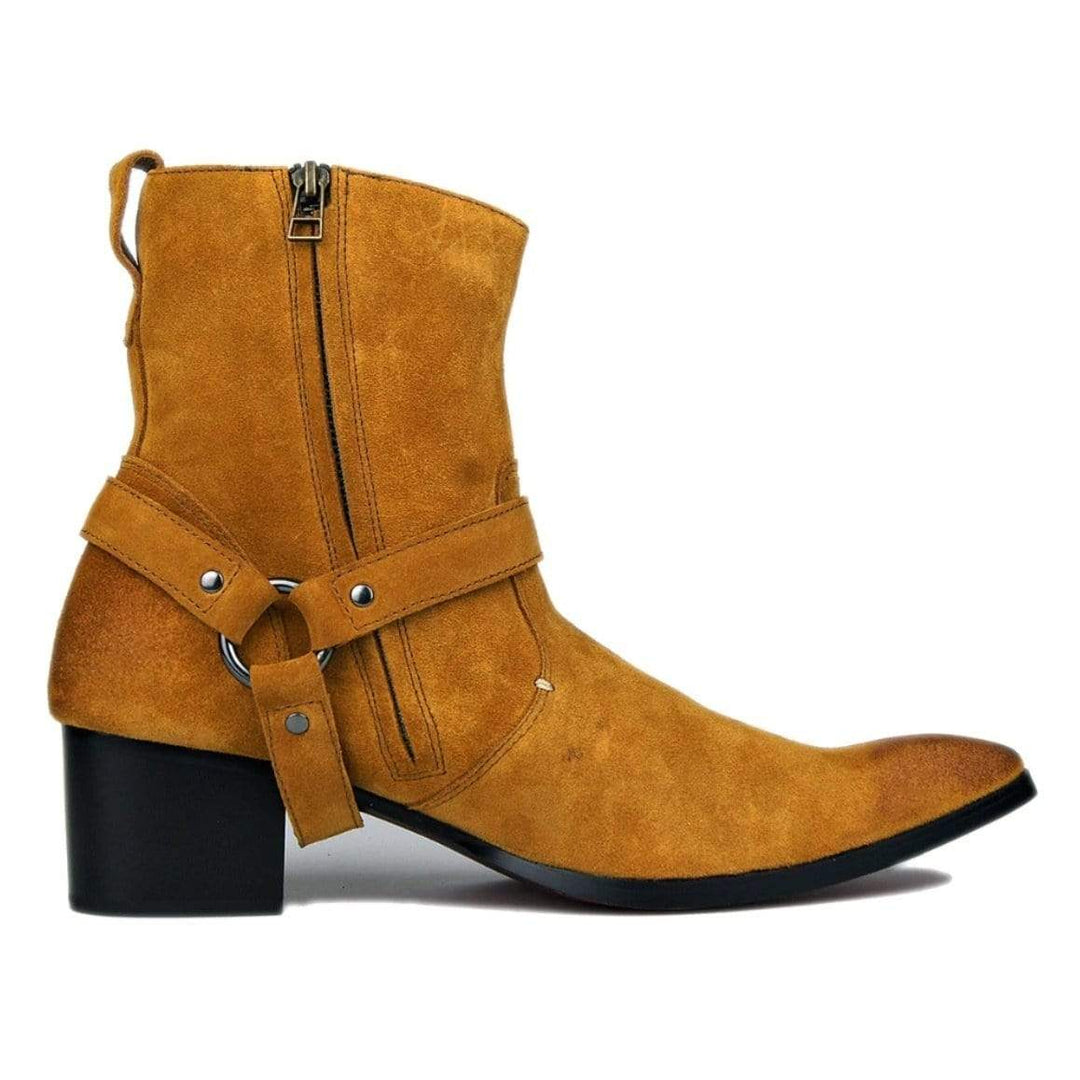 A brown suede cowboy boot with a black heel.