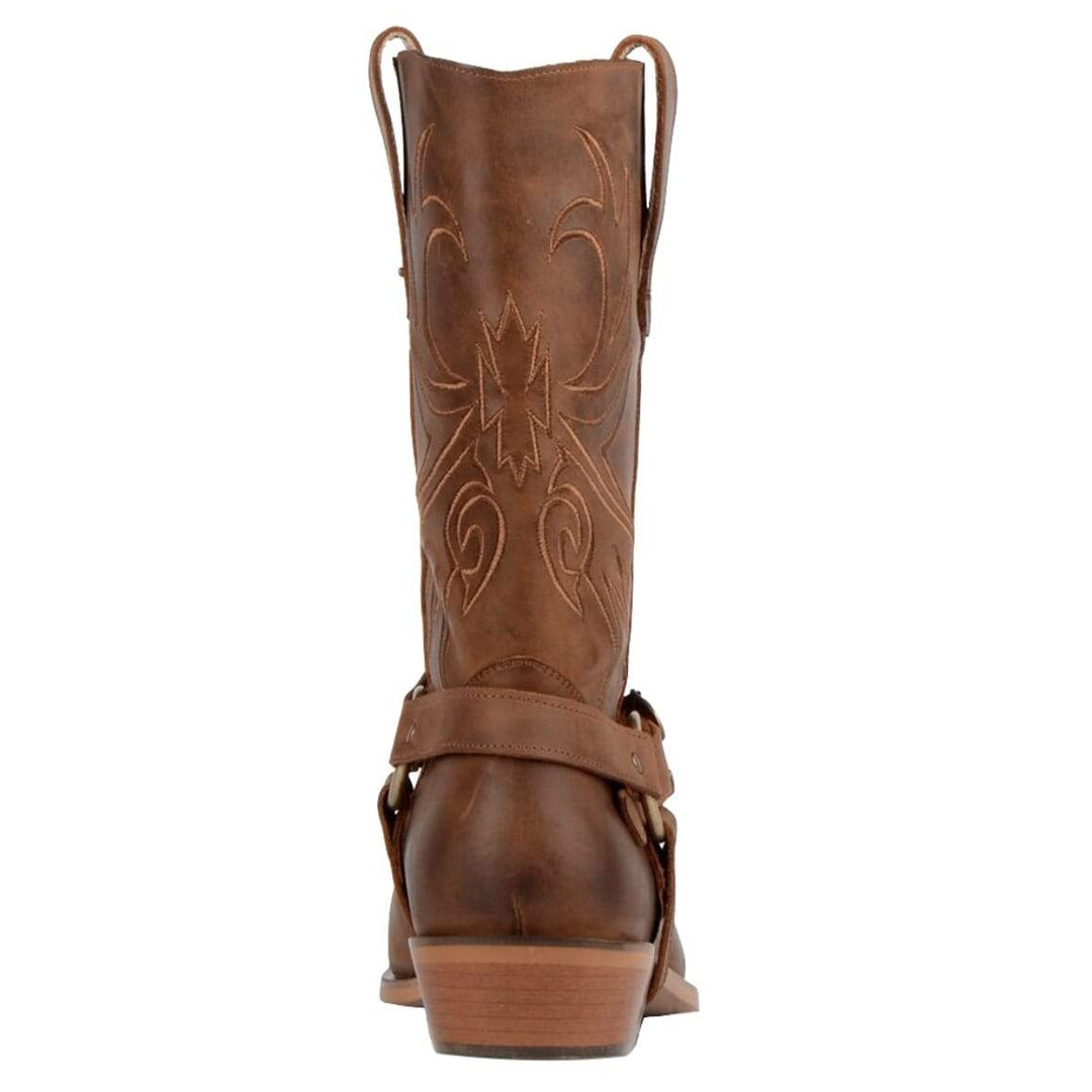 Back view of a brown leather western boot with an embroidered design and harness.