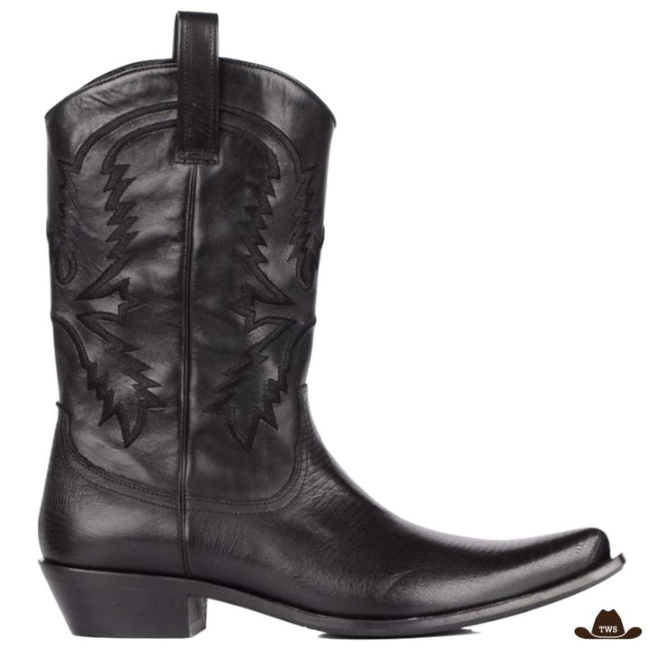 Black leather cowboy boot with decorative stitching.
