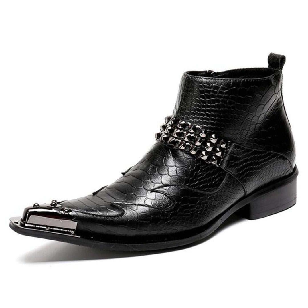 Black reptile-skin boot with metallic details.