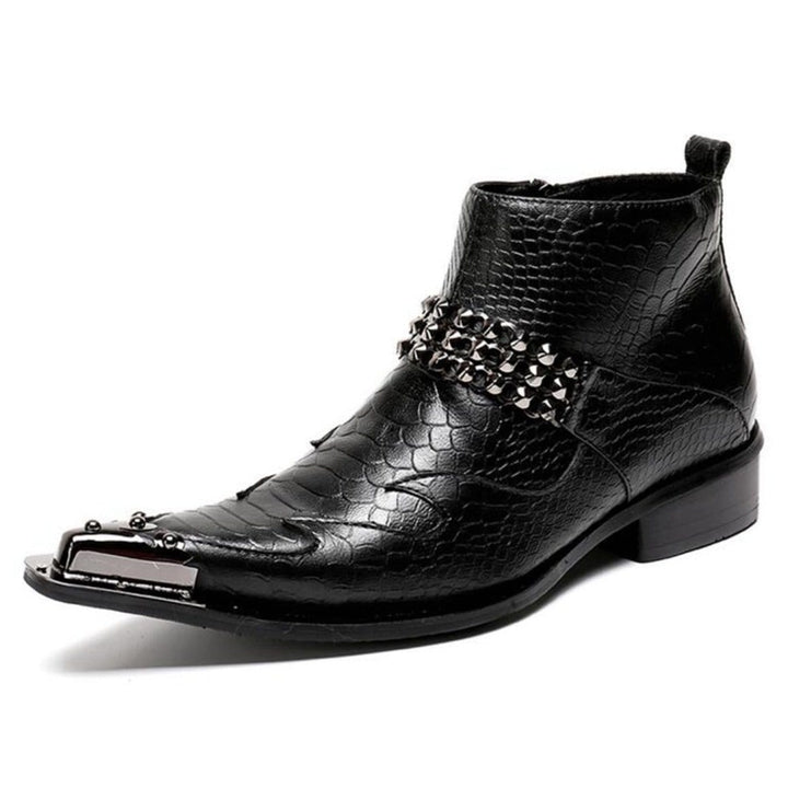 Black reptile-skin boot with metallic details.