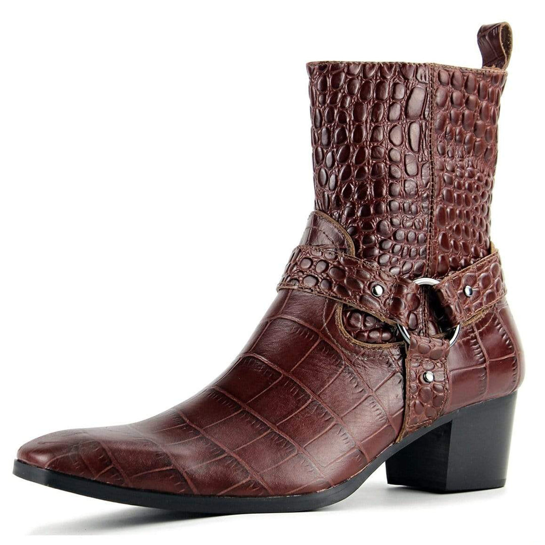 Brown leather cowboy boot with alligator skin pattern.