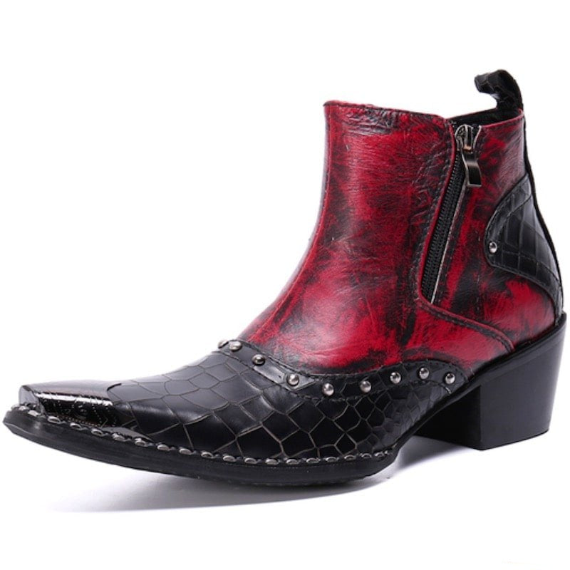 A red and black leather cowboy boot with a pointed toe and side zipper.
