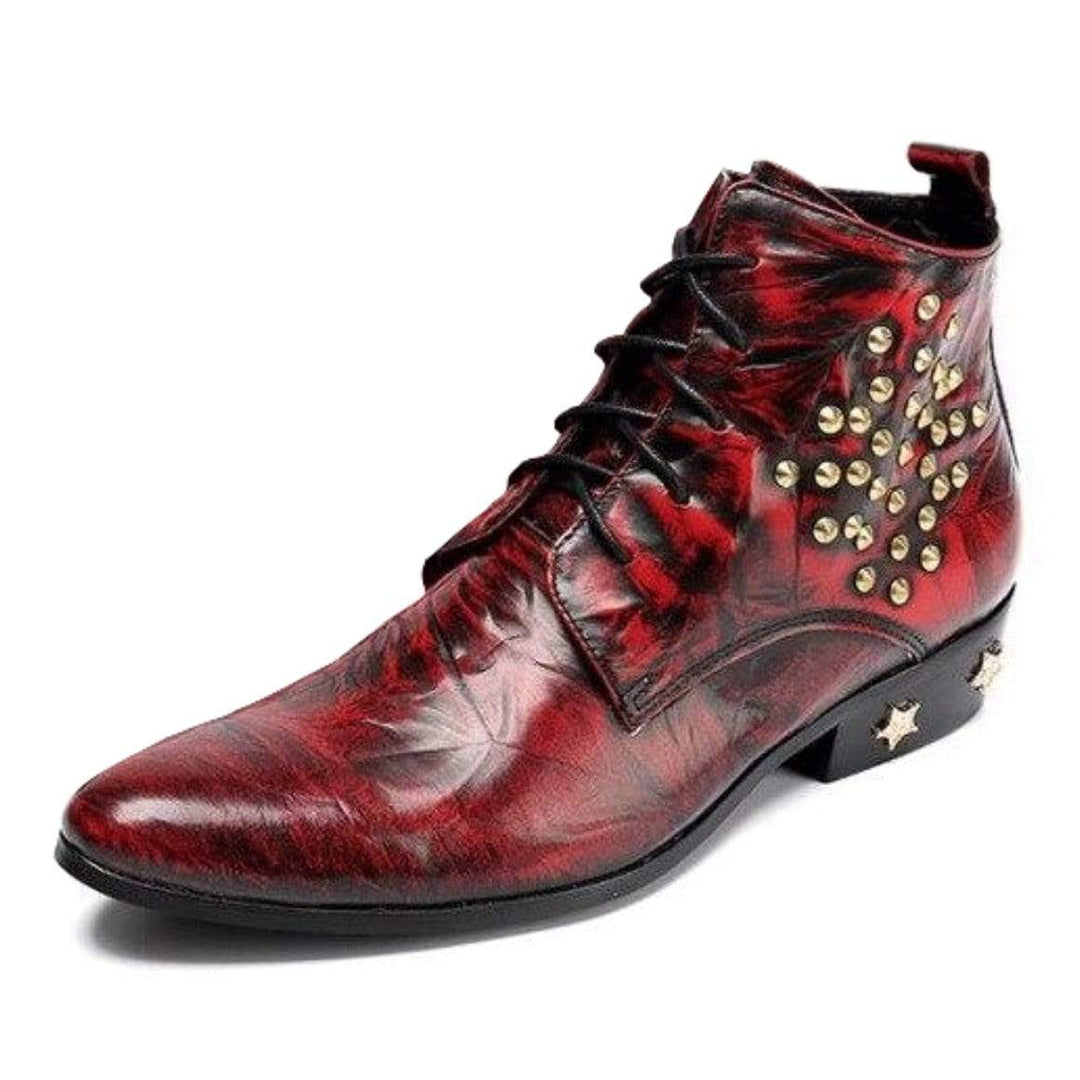 Red and black patterned leather ankle boot with gold studs and black laces.