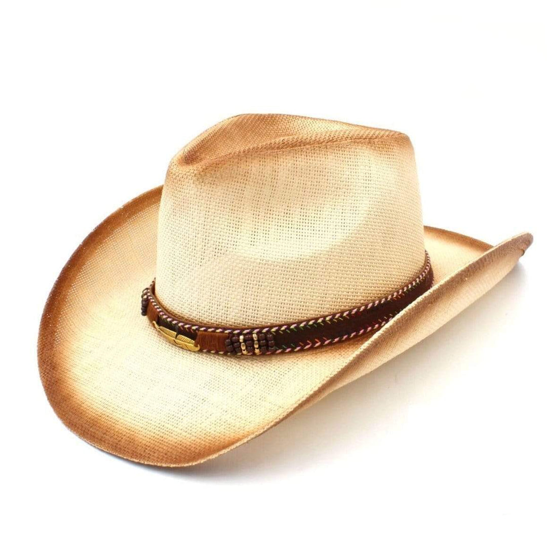 Tan straw cowboy hat with brown leather band.