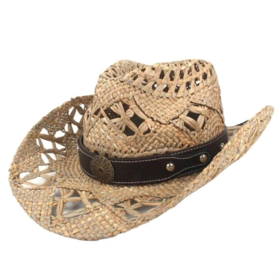 Straw cowboy hat with leather band.
