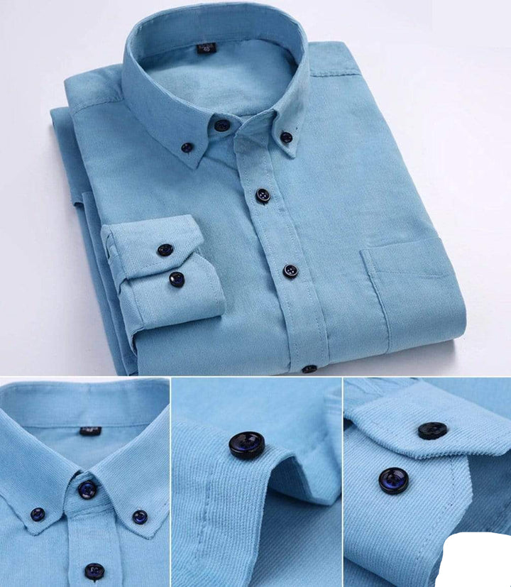 A light blue corduroy button-down shirt.