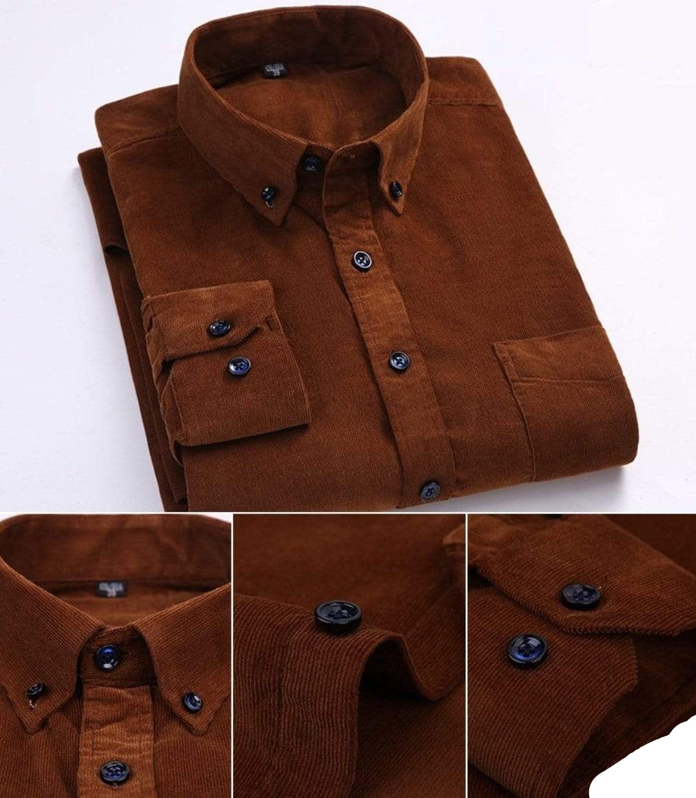 Brown corduroy button-down shirt.