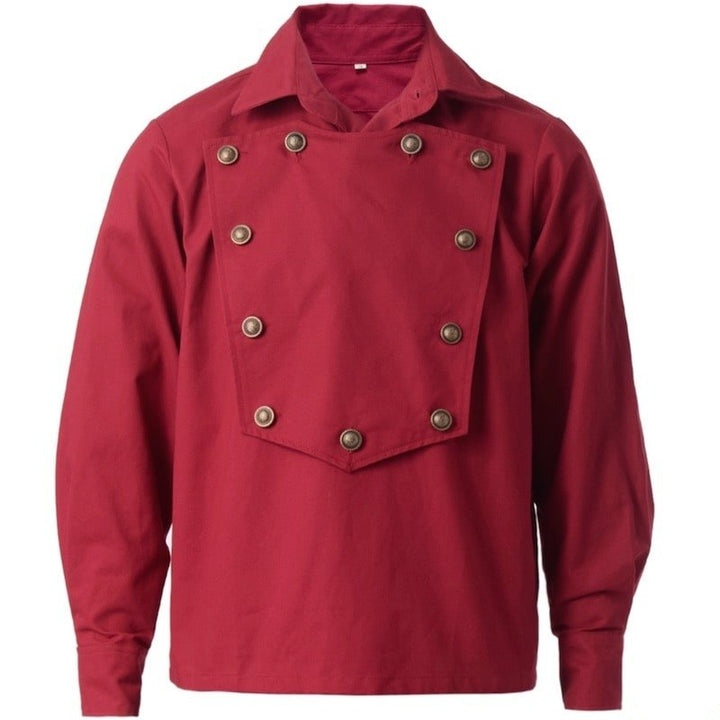 Red, long-sleeved western shirt with decorative buttons.