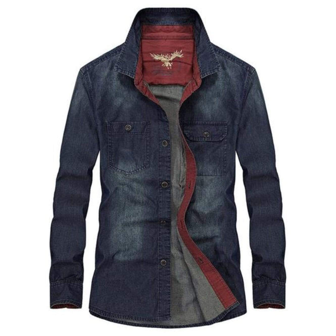 Denim button-down shirt with red accents.