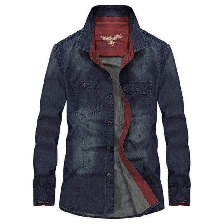 Denim button-down shirt with red accents.