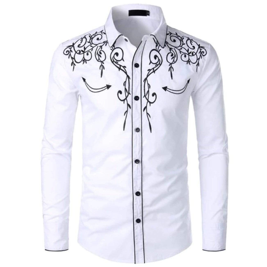 White button-down shirt with black embroidery and trim.