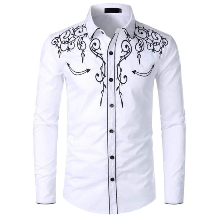 White button-down shirt with black embroidery and trim.