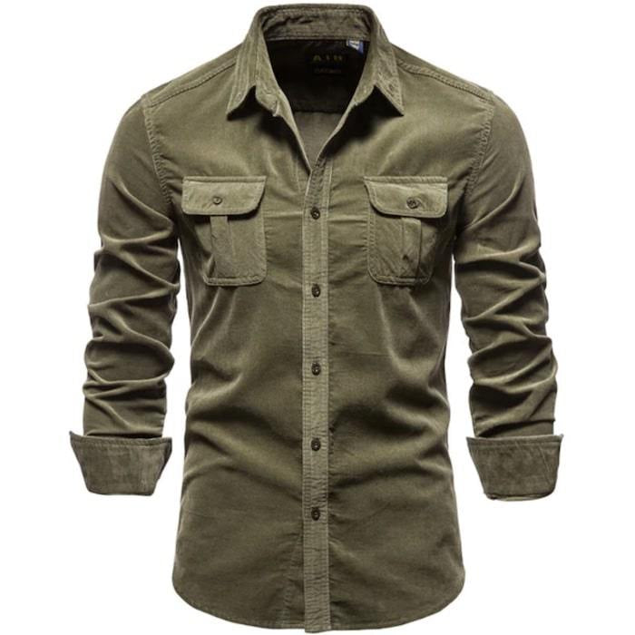 Green, corduroy, long-sleeved shirt.