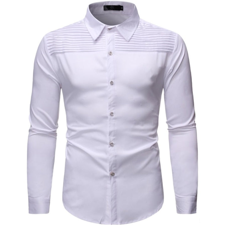 White long-sleeved shirt with striped yoke.