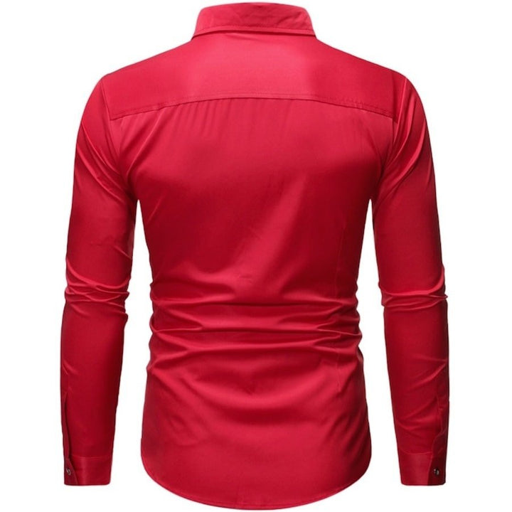 Back view of a red button-down shirt with long sleeves.