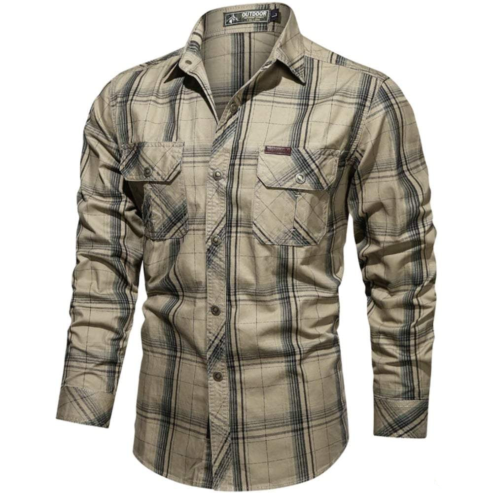 Beige and brown plaid button-down shirt.