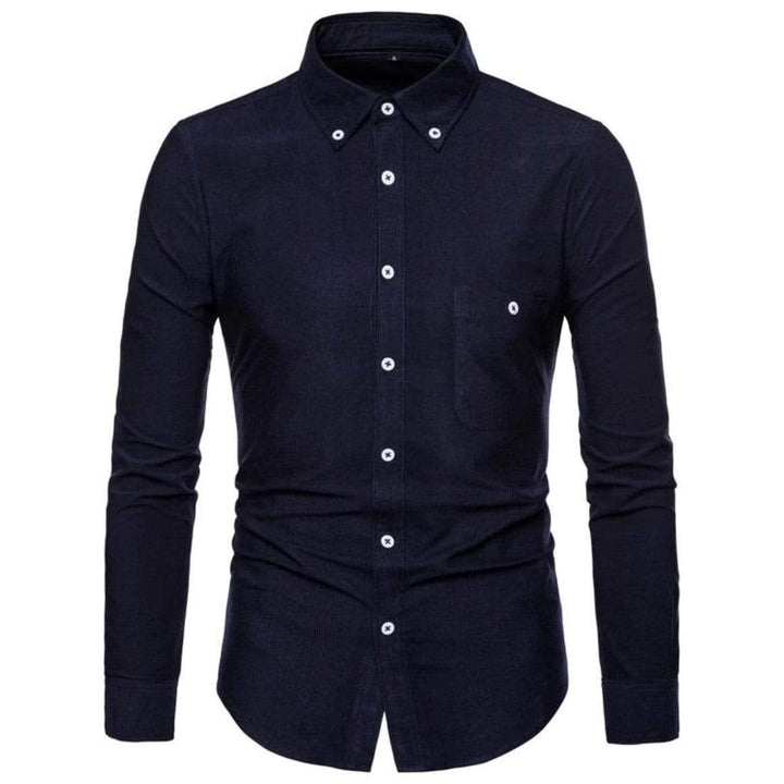 Dark blue long-sleeved button-down shirt with a pocket.
