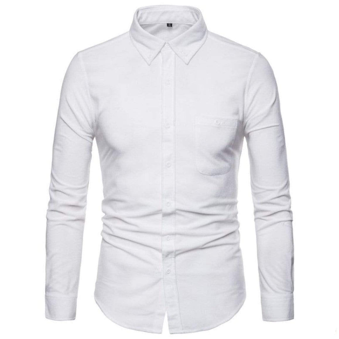 White long-sleeved button-up shirt with pocket.