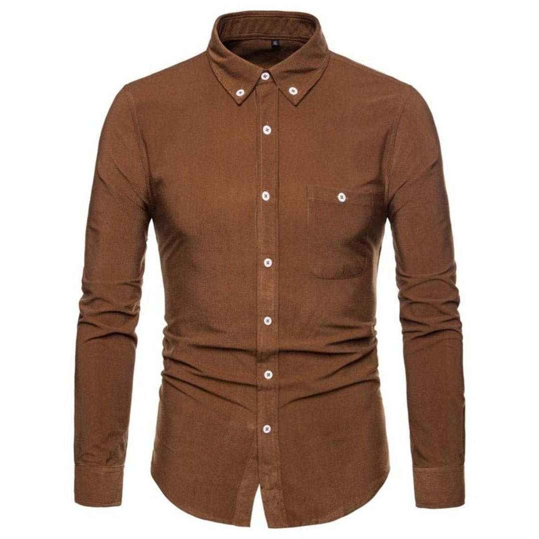 Brown corduroy long-sleeve button-down shirt.
