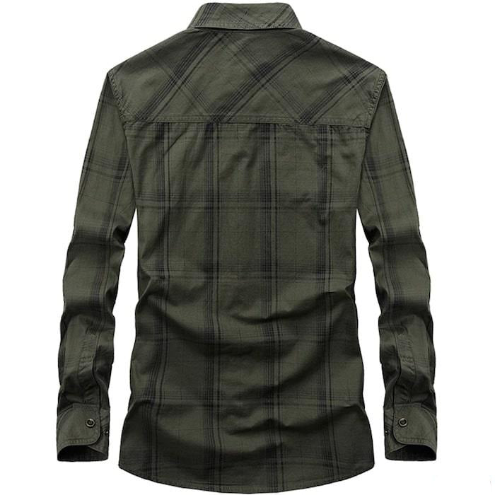Back view of a green plaid, long-sleeved, button-down shirt.