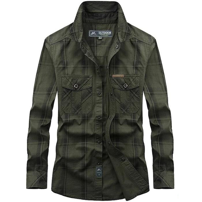 Green, long-sleeve, plaid, collared shirt with button-down closure and chest pockets.