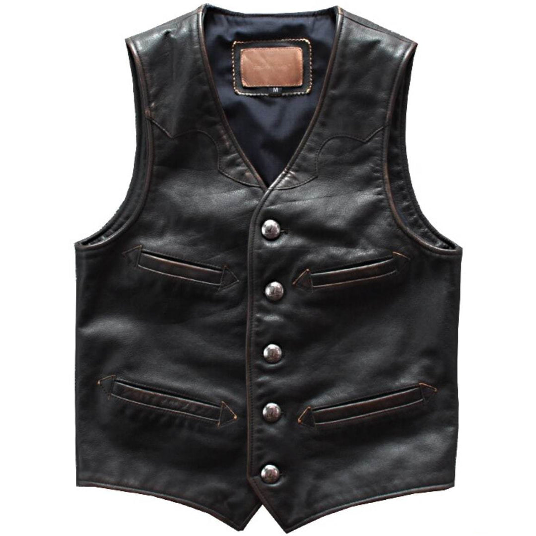 Black leather vest with silver buttons.