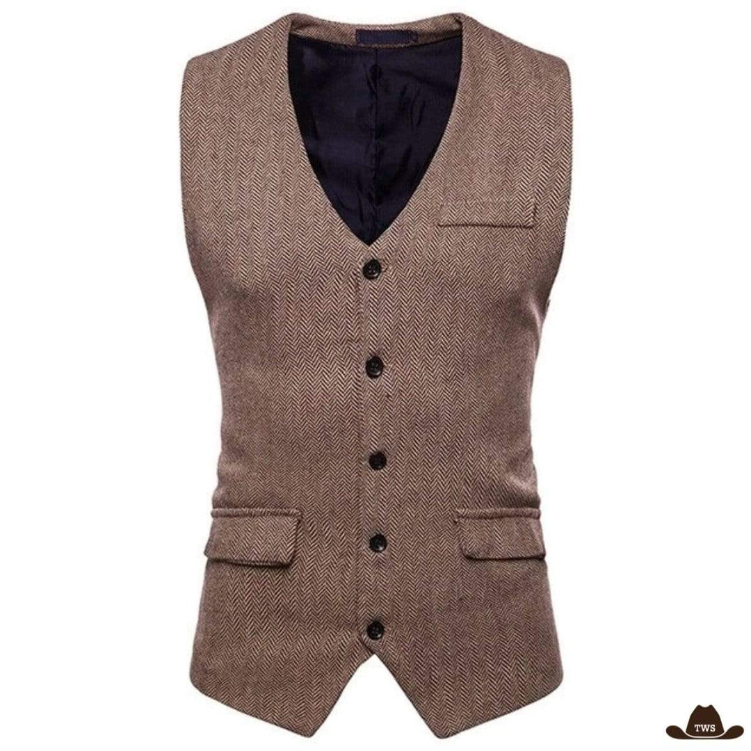 Men's brown herringbone vest with black buttons and pockets.