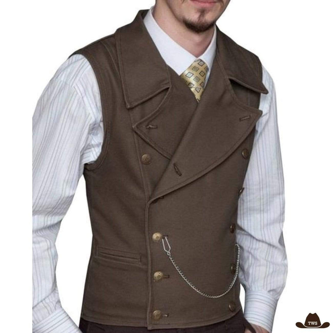 Man in brown double-breasted vest and white striped shirt.