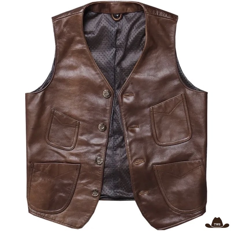 Brown leather vest with pockets and button closure.